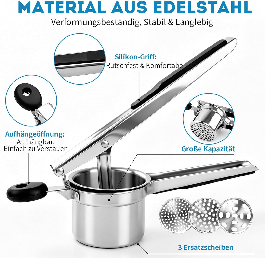 405ml Kartoffelstampfer Edelstahl Mit 3 Austauschbaren Platten | Vielzweck Kartoffelpresse Edelstahl