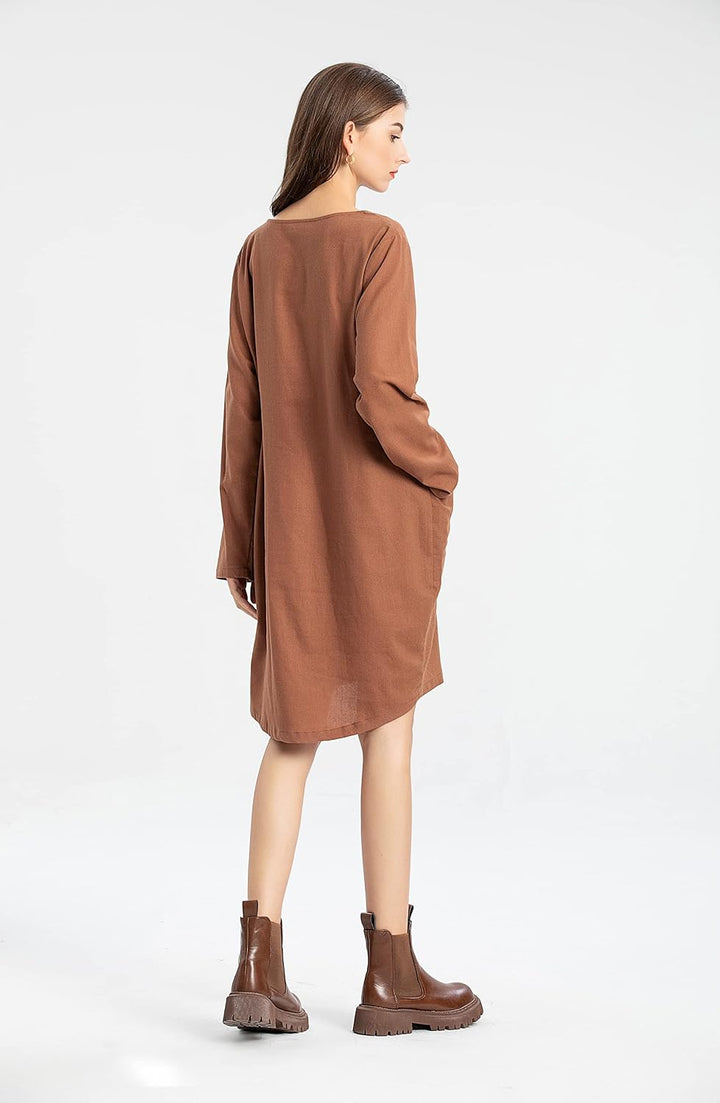 FTCayanz Damen T-Shirt Tunika Kleid Langes Leinenkleider Elegant Langarm Blusenkleid Mini Kleider L