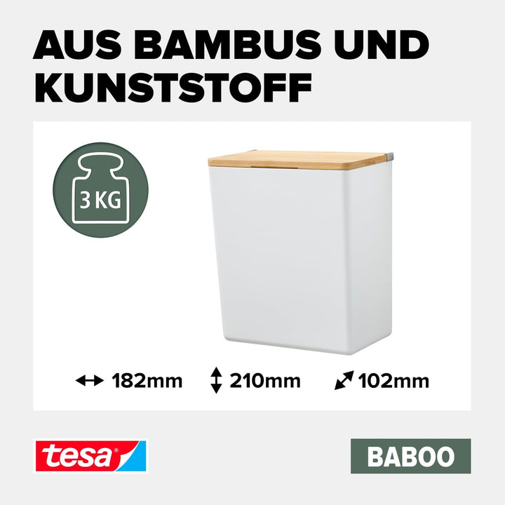 tesa Baboo L Badorganizer mit Bambus-Deckel, matt-weiss - Bad-Aufbewahrungsbox zur Wandmontage ohne