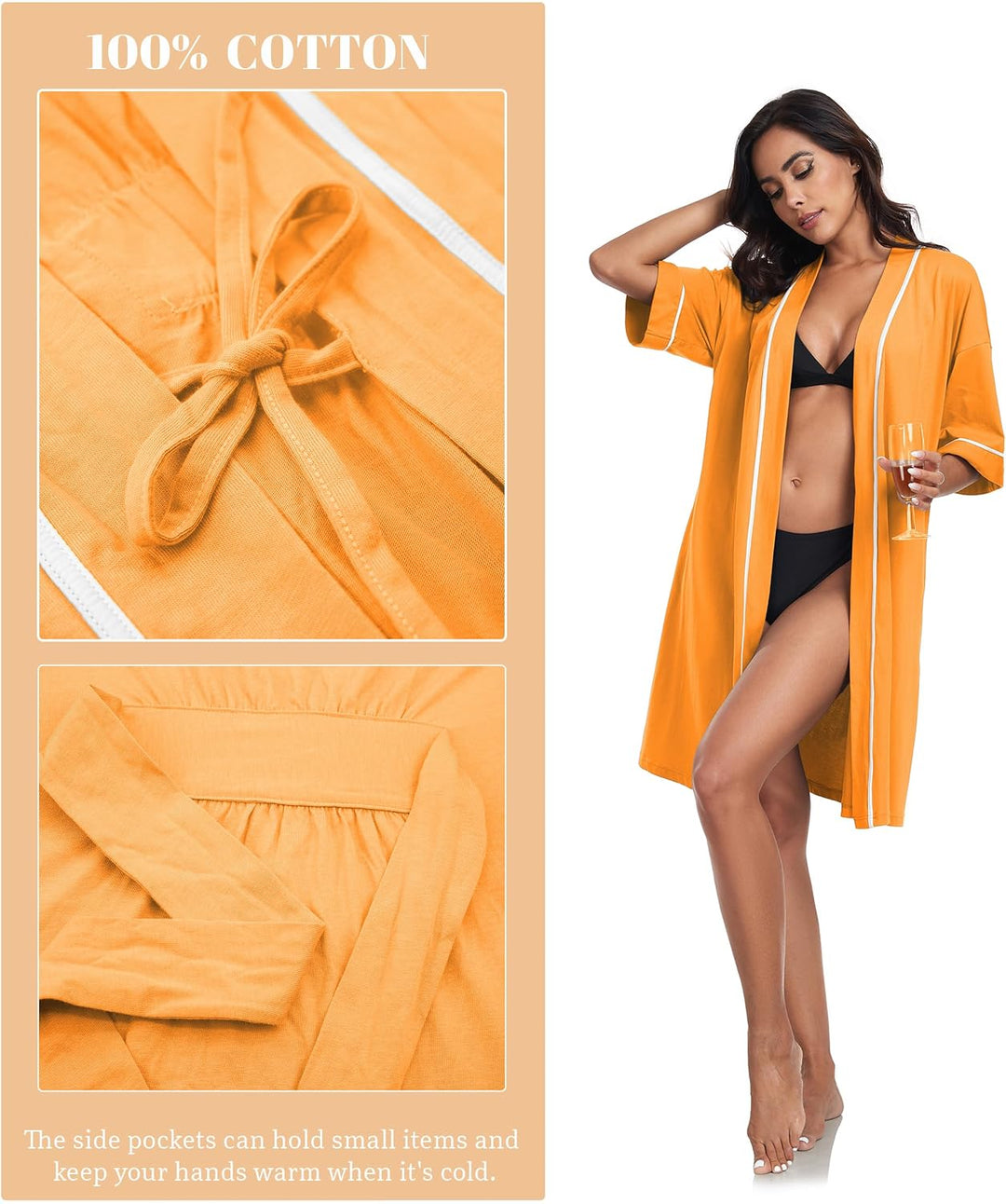 COLORFULLEAF 100% Baumwolle Bademantel Damen Kurz Morgenmantel Leicht Knielang Kimono Saunamantel Na