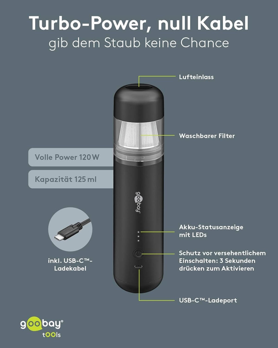 goobay Mini-Staubsauger Superior/Akku-Handstaubsauger für Auto, Haus, Wohnmobil, 120W, 7 Düsen, 3 Bü