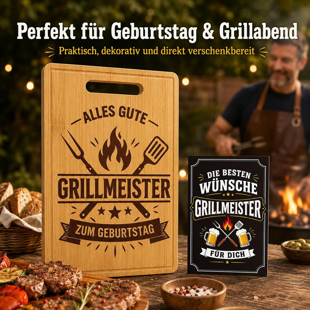 Geburtstagsgeschenk für Männer, Grillmeister Bambus Schneidebrett mit Karte, Grill Geschenk für Mann