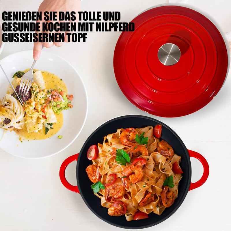Nilpferd Gusseisen Topf Bratentopf Schmortopf Brotbacktopf mit Deckel und Griffen 22cm/3l Rund Rot E