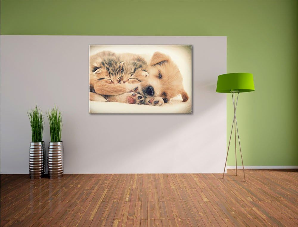 Pixxprint Hundewelpe mit kleinen Kätzchen / 100x70cm Leinwandbild bespannt auf Holzrahmen/Wandbild K