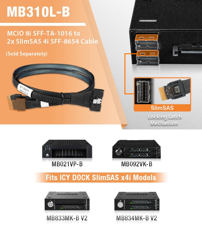 ICY DOCK MB310L-B Datenkabel - 1x MCIO SFF-TA-1016 8i zu 2x SlimSAS SFF-8654 4i Länge 50cm PCIe 4.0