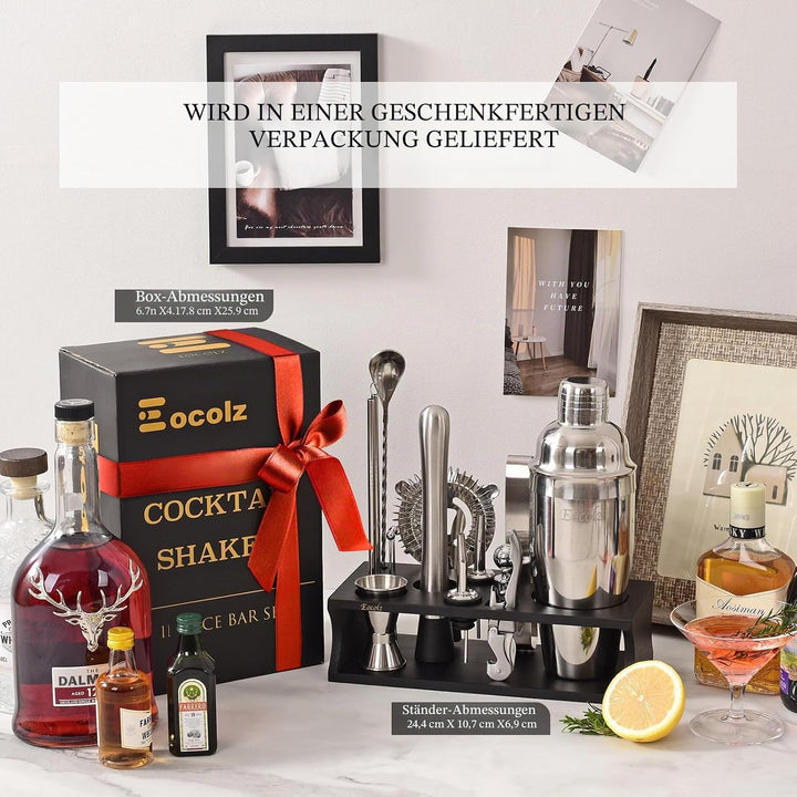 Cocktail Shaker Set mit Bambus Ständer & Rezeptbuch, Edelstahl 750ml Bar Cocktailset Cocktailshaker