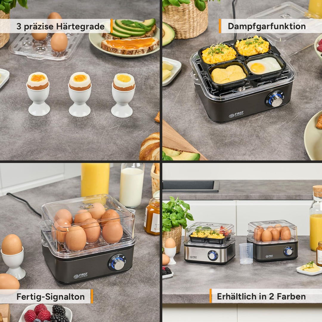 TZS First Austria Eierkocher Grau - 8 Eier Kapazität - 4 Kochstufen inkl. Dampfgarfunktion - Automat