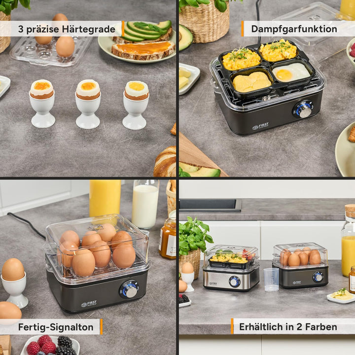 TZS First Austria Eierkocher Grau - 8 Eier Kapazität - 4 Kochstufen inkl. Dampfgarfunktion - Automat