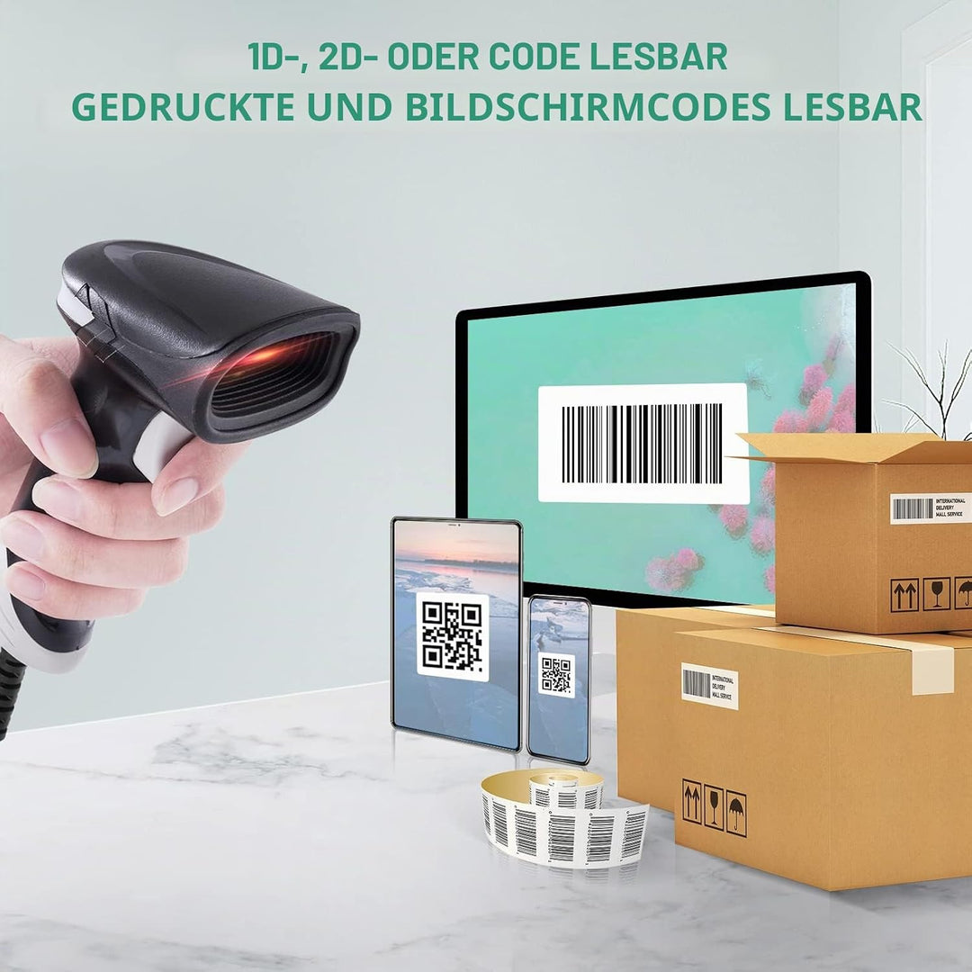 Kabelgebundener 2D QR Barcode Scanner, Handheld Barcode-Scanner, 1D USB Lesegerät, Plug and Play Bar