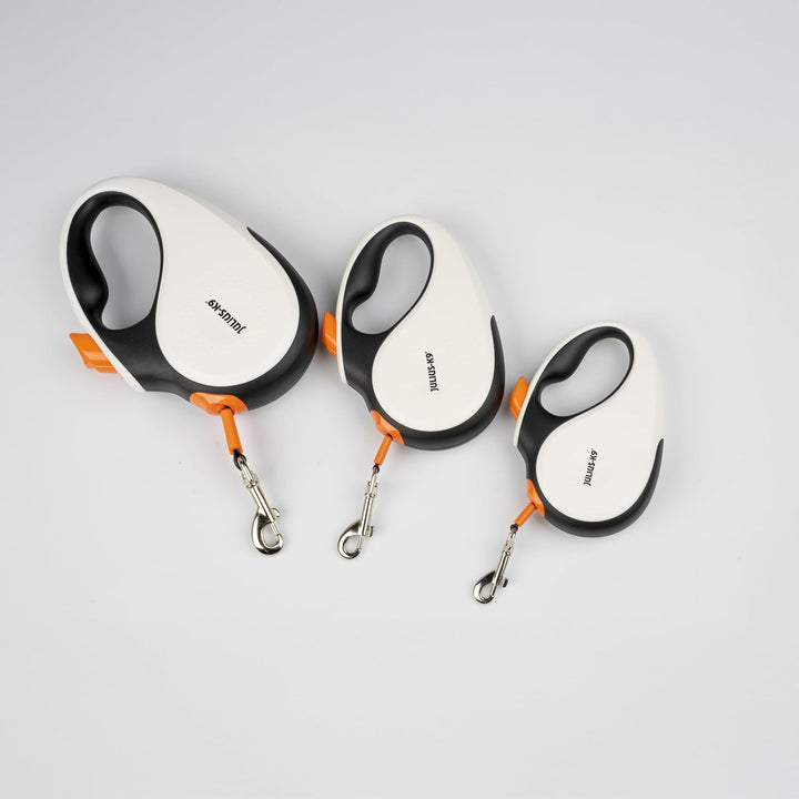 Julius-K9 Rollleine, M - 5 m Band, Weiss/Orange – Rutschfester Griff, Bandleine, ausziehbar, Einhand
