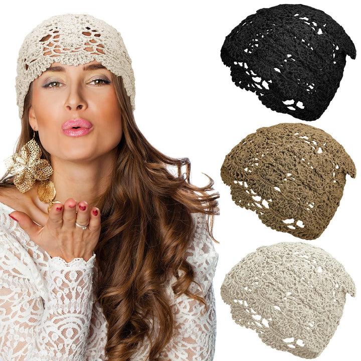 3 Stück Damen Häkelmütze Slouchy Beanie Mütze Handmade Knit Cutout Frauen Floral Skull Cap Dehnbare