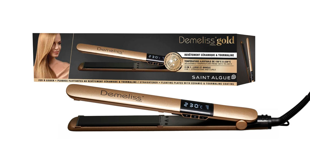 Demeliss Saint Algue GOLD Glätteisen – Dünne Keramikplatten mit Turmalin – Temperatur 150–230 °C – G