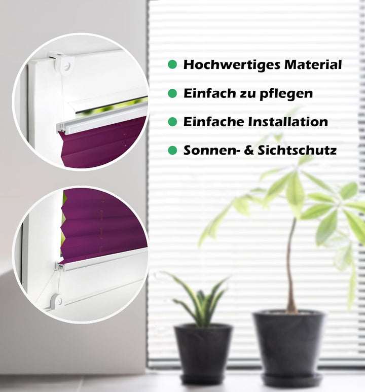 Domdeco Plissee 85x220cm Violett mit weiss lackierten Alu-Profilen, KlemmFix-Halterung zur Montage o