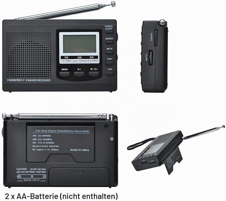 COVVY AM/FM / SW1-7 Tragbarer 9-Band-Radioempfänger mit Lautsprechern und Kopfhörern, ausgezeichnete