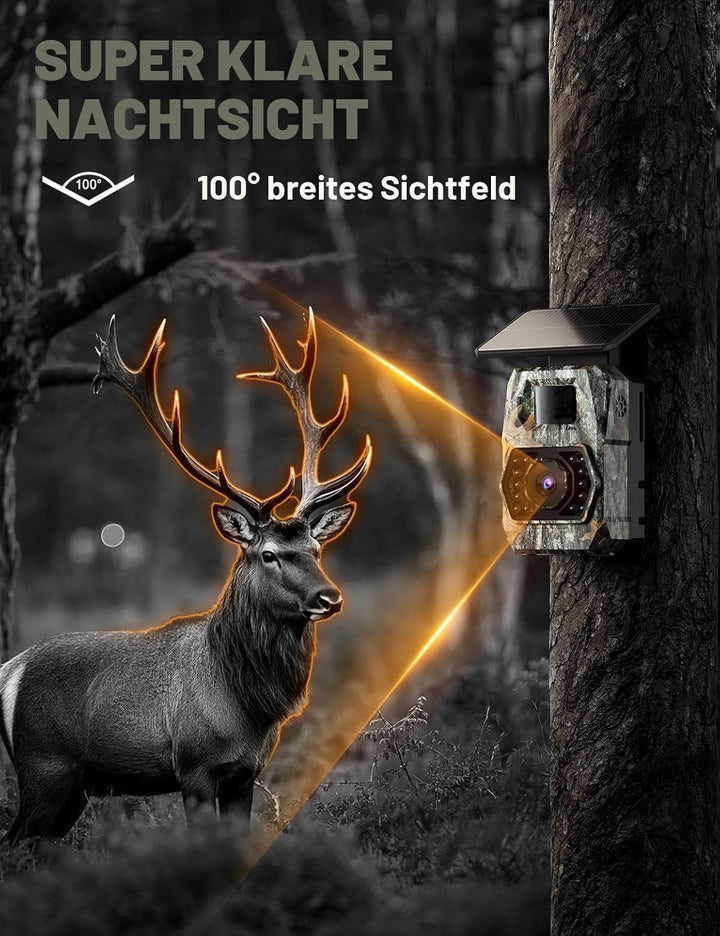 Wildkamera mit Handyübertragung App, 4K 60MP HD Solar WLAN Wildkamera, 5200mAH Akku, Wildtierkamera