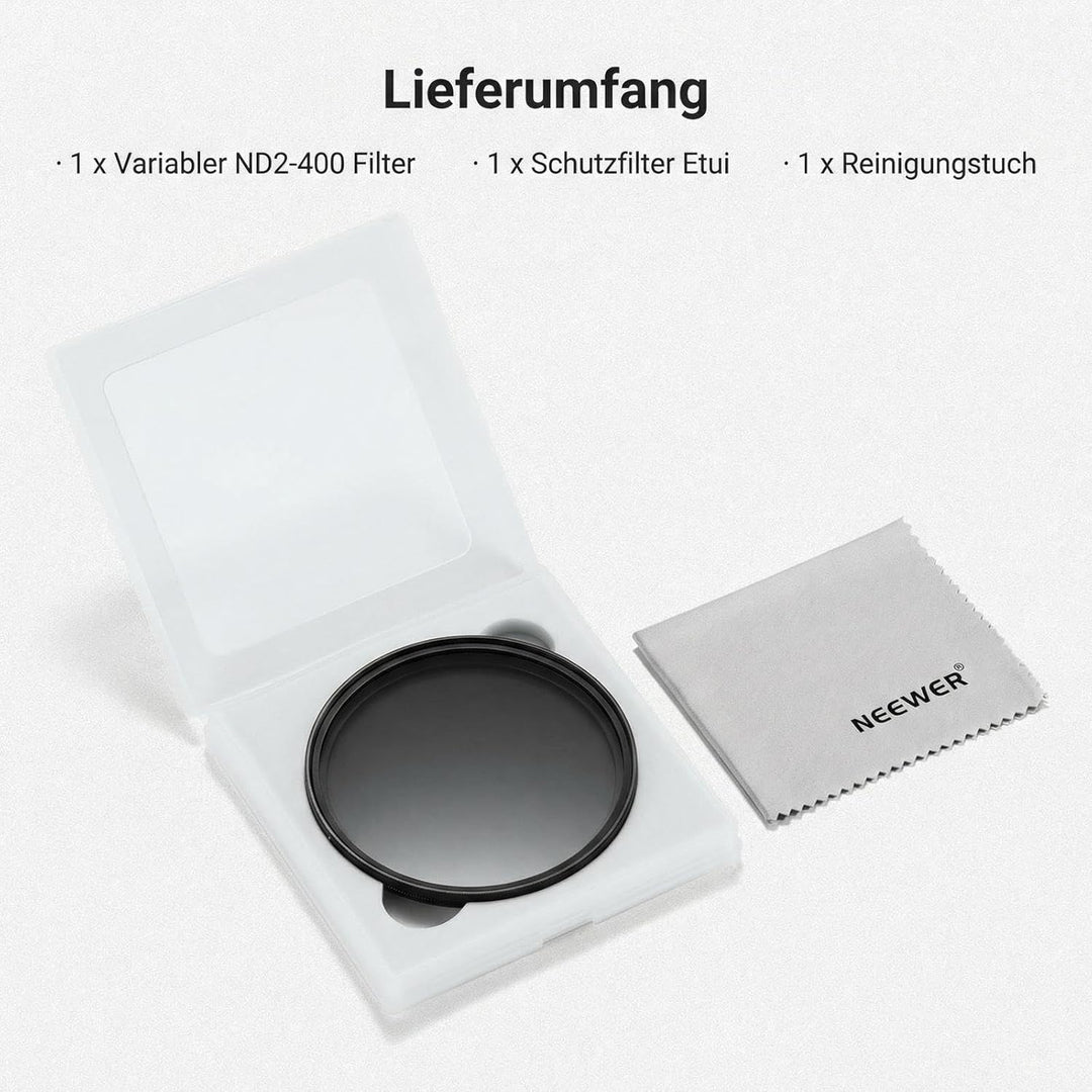 NEEWER BASICS 62mm variabler ND Filter, ND2-400 1-9 Stops Lichtreduzierung, drehbarer variabler Grau