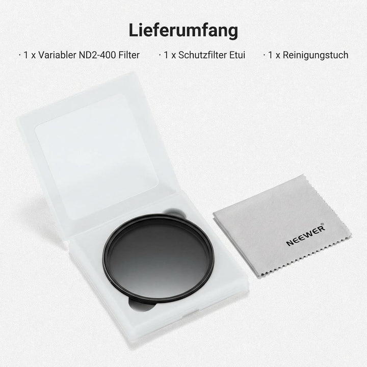 NEEWER BASICS 62mm variabler ND Filter, ND2-400 1-9 Stops Lichtreduzierung, drehbarer variabler Grau