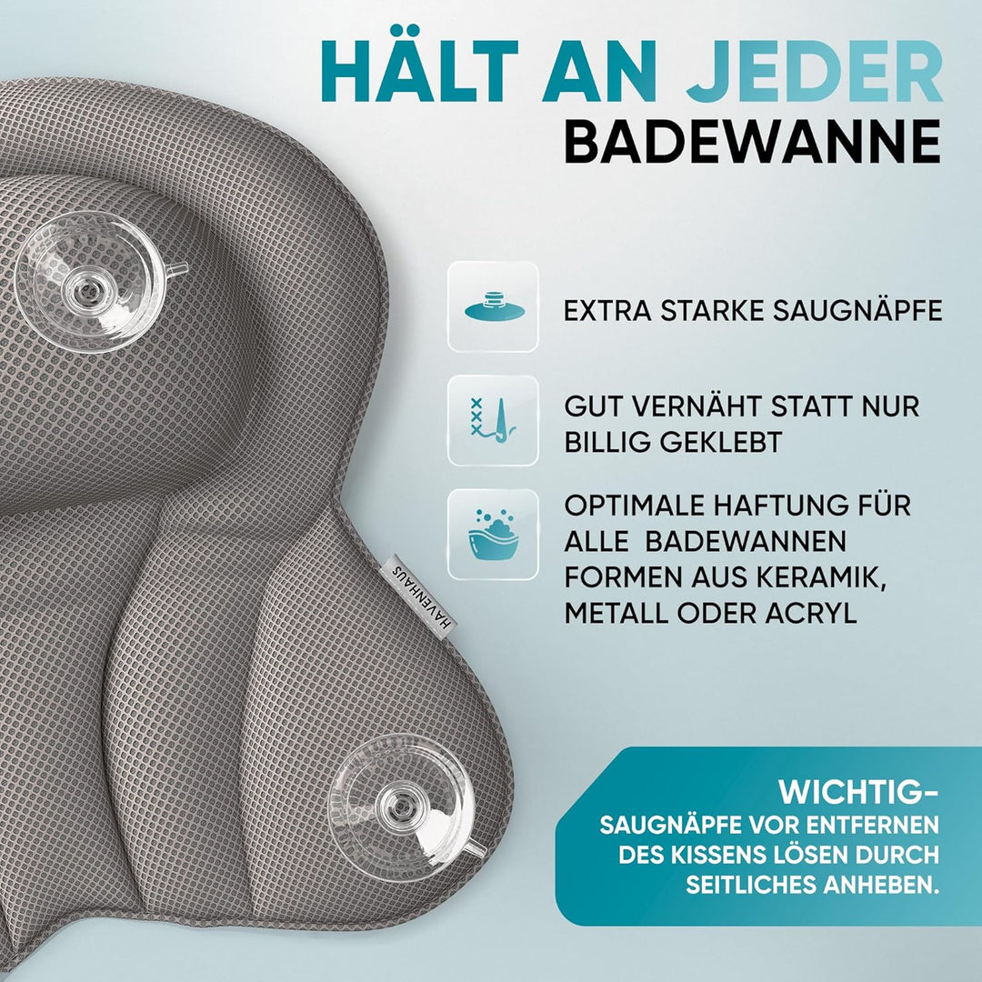 XXL Premium Badewannenkissen grau | NEU zusätzliche Polster an Schulter- & Nackenbereich | Badekisse