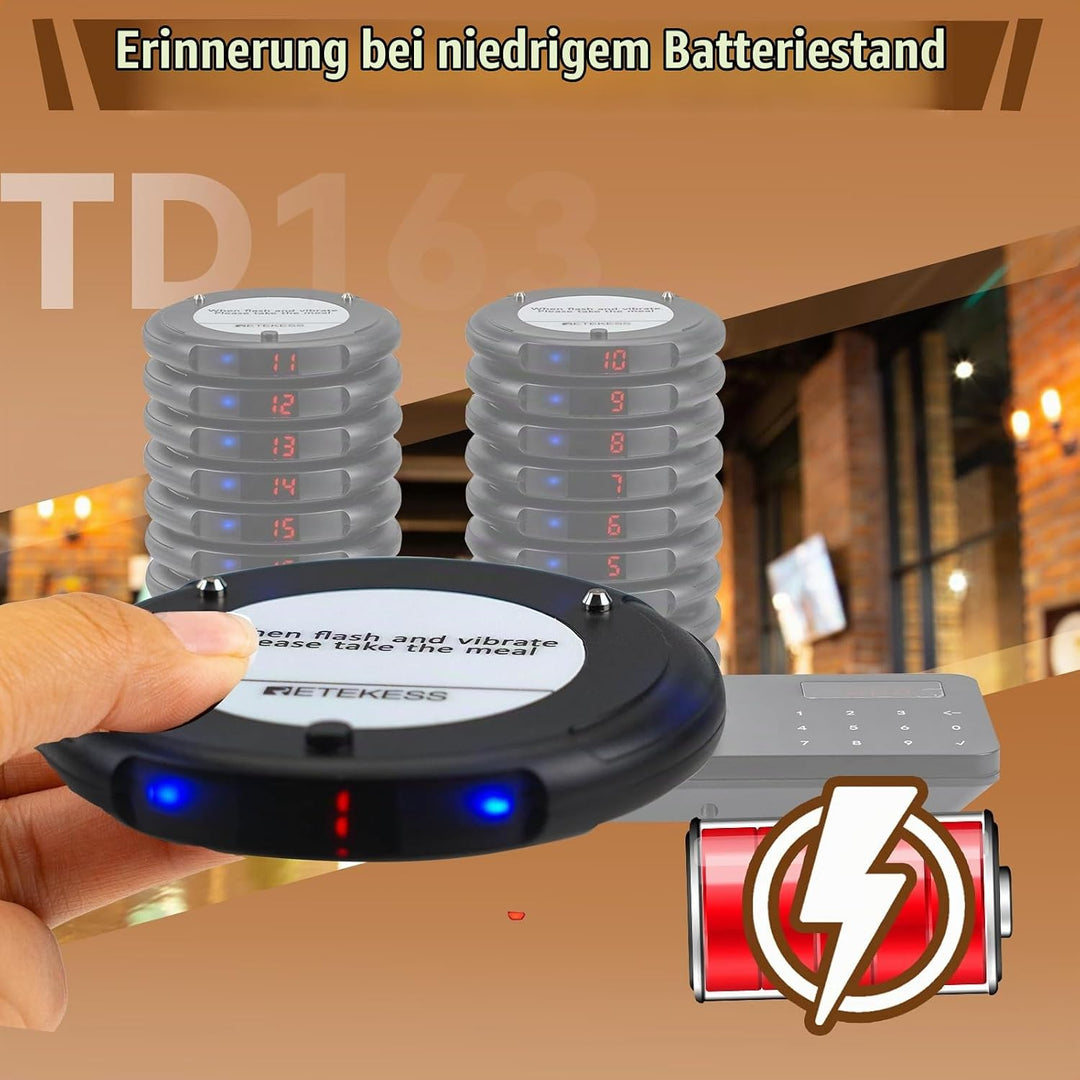 Retekess TD163 Restaurant Pager System, Pager Rufsystem, 20 Pager, 500M, Schwarz, Blaue LED-Anzeigel