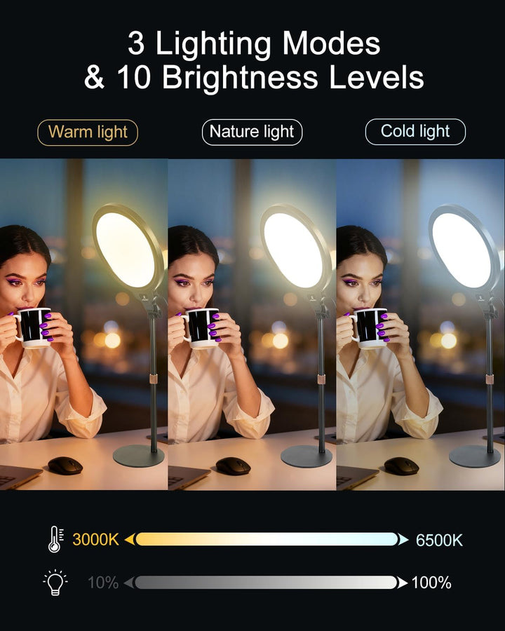 10'' LED Ringlicht mit Höhenverstellbarem Tischständer (54–74 cm), Dimmbares Videokonferenz Licht mi