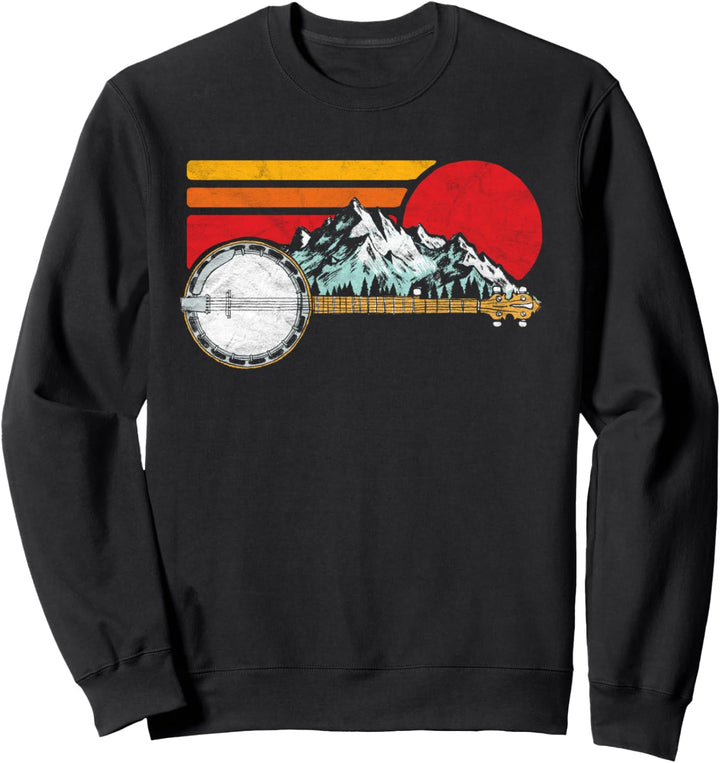 Retro Banjo Mountains & Sun Sketch Surf Style 80's Graphic Sweatshirt