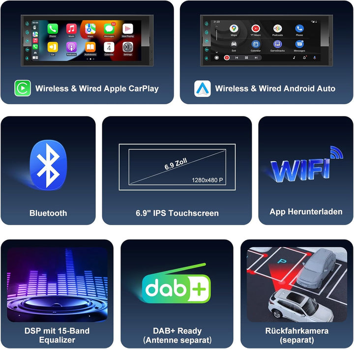 Android Autoradio 1Din mit Bildschirm,Wireless CarPlay & Android Auto Radio Touch Display mit Blueto