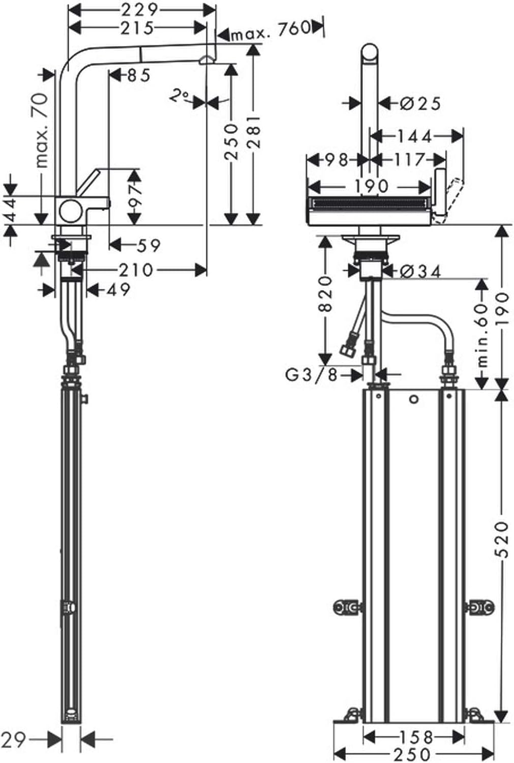 hansgrohe 73830800 Aquno Select M81 250, Ausziehauslauf, 2jet, sBox Edelstahl Finish Einhebel-Küchen