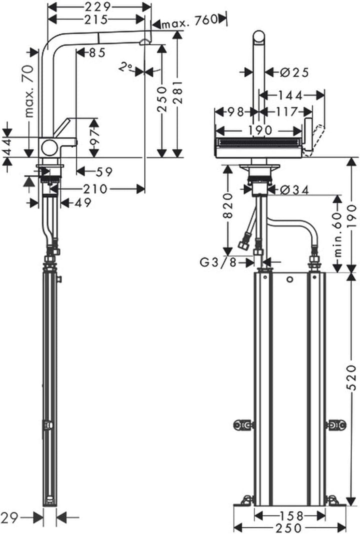 hansgrohe 73830800 Aquno Select M81 250, Ausziehauslauf, 2jet, sBox Edelstahl Finish Einhebel-Küchen