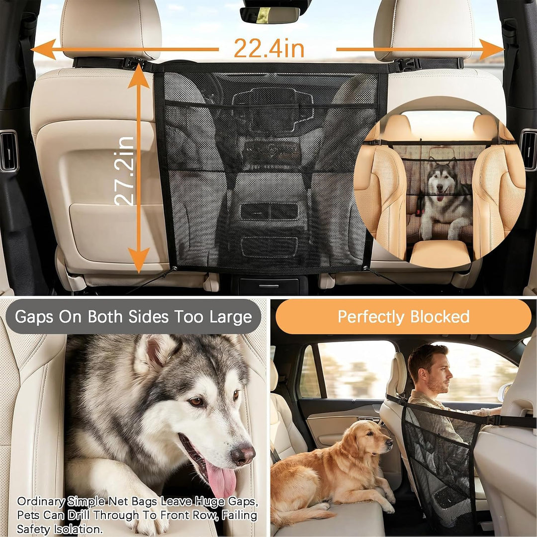 Hundegitter Auto mit Aufbewahrungstaschen - Sicherheitsbarriere Trennnetz für Hunde, Hundenetz für V