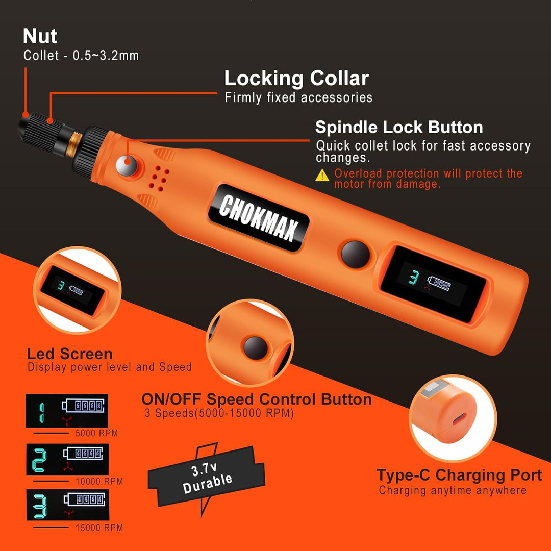 CHOKMAX Mini Multifunktionswerkzeug, 3-Gang Schleifer Kit mit 72 Zubehörteilen, Typ-C Ladung Kunstha