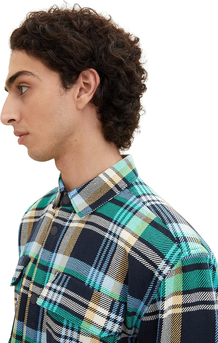 TOM TAILOR Denim Herren Overshirt aus Flanell mit Karo-Muster L 31568 - Navy Blue Green Big Check, L