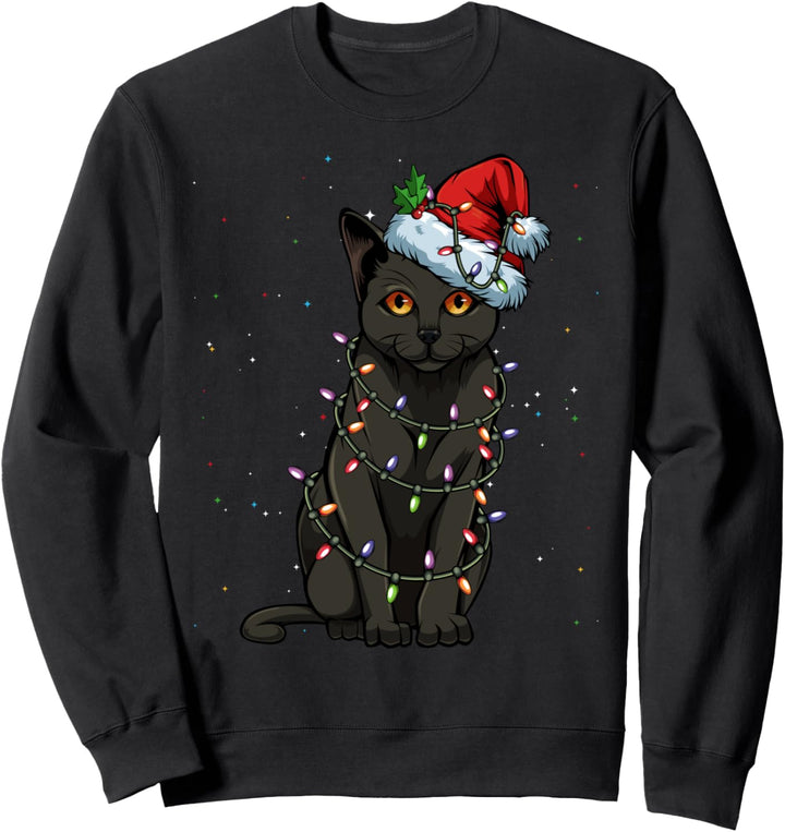Schwarze Katze Weihnachten Led Lichter Heiligabend Geschenk Sweatshirt