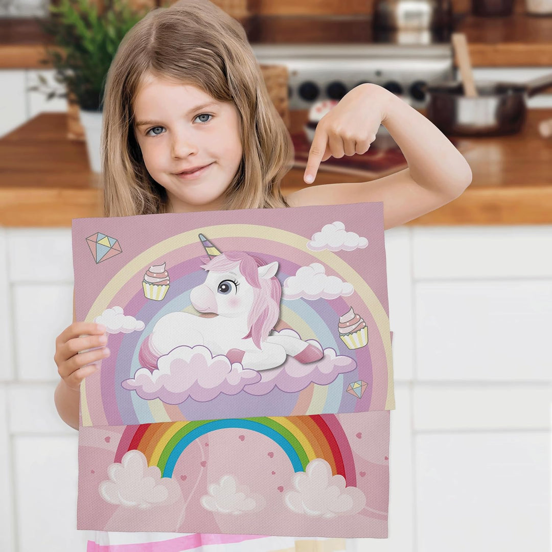 Tischsets für Snacks, Schule, Mädchen, 30 x 45 cm, Tischset aus Stoff, für Mädchen Einhorn und Regen