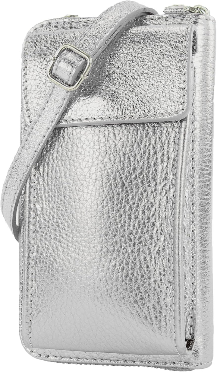 modamoda de - P06 - ital. Damen Umhängetasche Geldbörse Handytasche Leder Silber, Silber