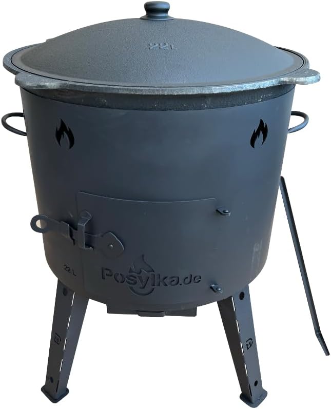 Utschak Feuerofen mit Gusseisen Topf flacher Boden mit Deckel (22 L) KazanoFF, Uchag Feuerofen Gusse