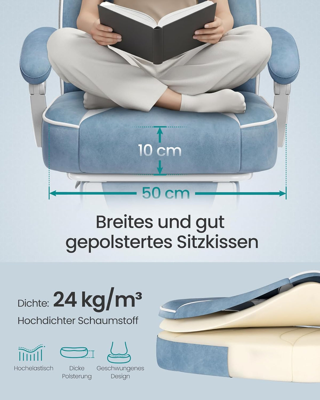 SONGMICS Bürostuhl, Gaming-Stuhl, verstellbar, Teleskop-Fussstütze, Wippmechanismus, Kopfstütze, Len