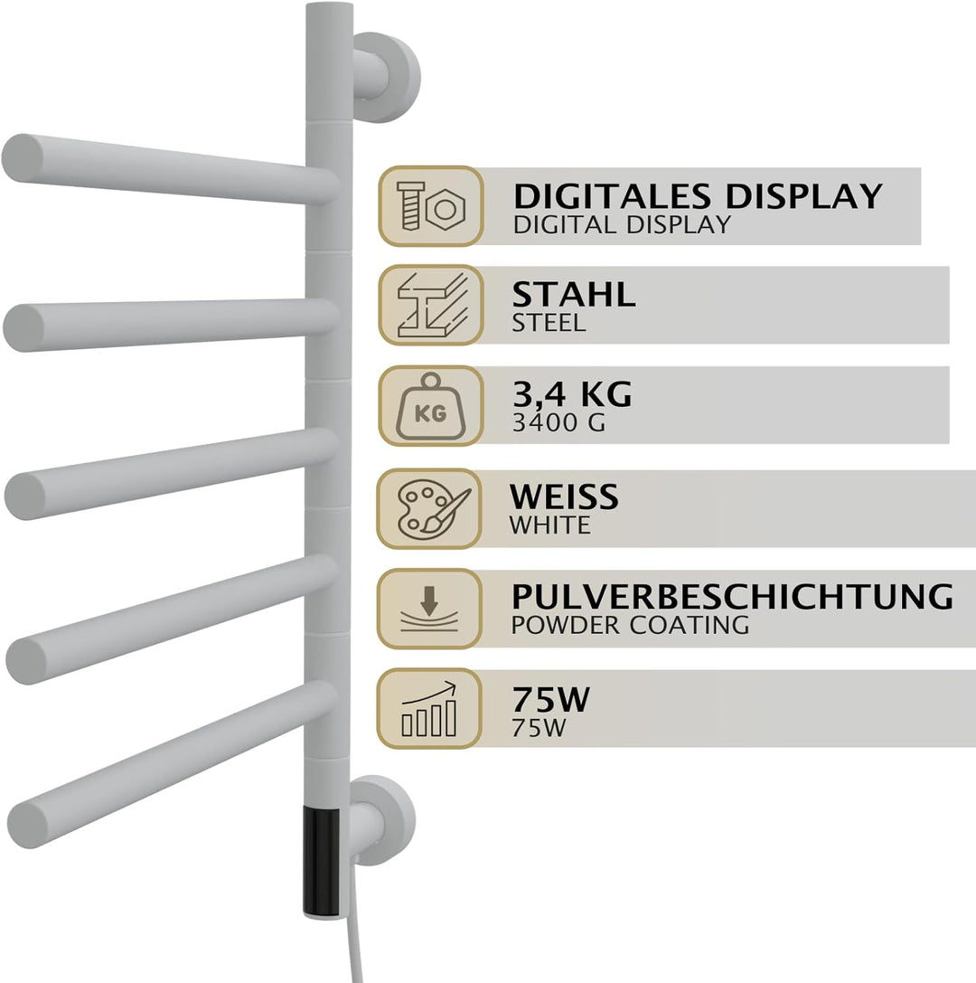 HAGO24 | Elektrischer Handtuchwärmer | Wandmontage | Handtuchtrockner | 5 schwenkbare Arme 180° | To