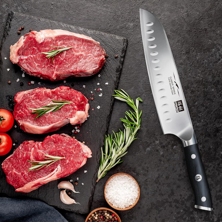 SHAN ZU Kochmesser Küchenmesser, Chefmesser Santoku Deutscher Carbon Edelstahl Scharfe Messerklinge