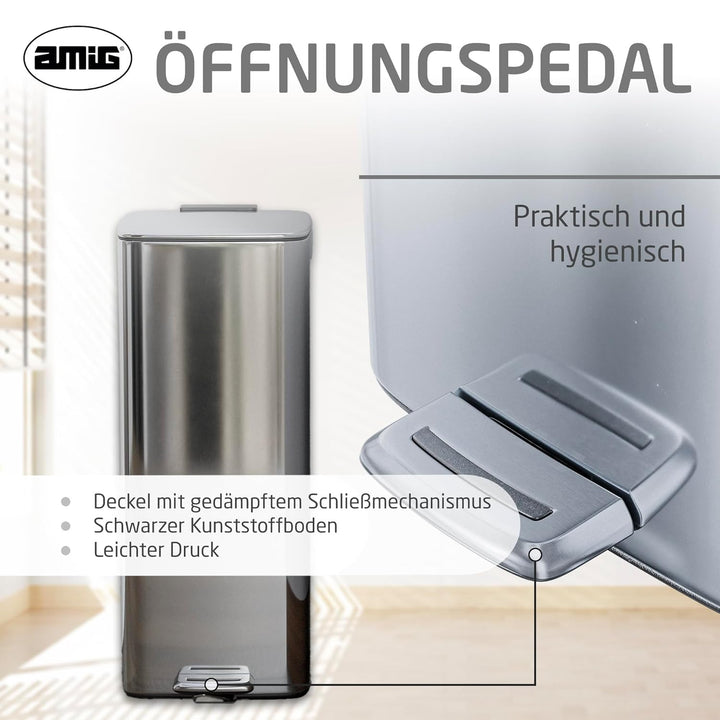 Amig - Mülleimer mit Pedal 30 Liter Mod. Artvin - Chrom - Hygienische, freihändige Öffnung - 27 x 36