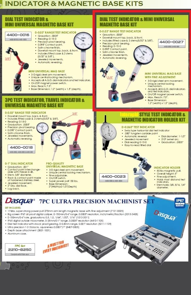 HHIP 4400-0027 Dial Test Indicator and Mini Magnetic Base Kit, 0-0.03" Range, 0.0005" Graduation Fei