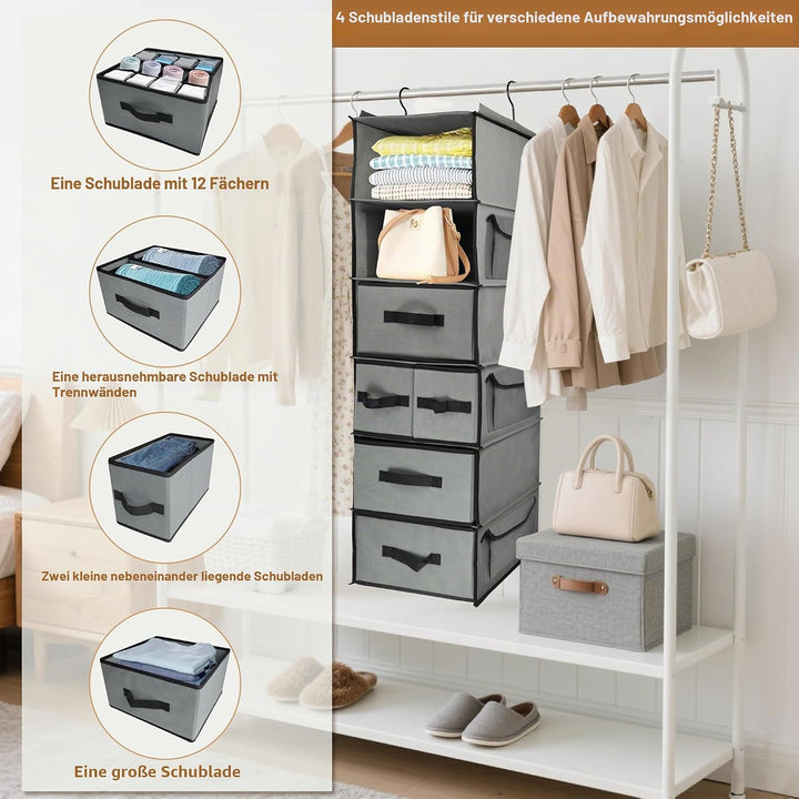 Aufhängende Regale mit 5 Schubladen und 3 Seitentaschen,Langlebiger Stoff hängende Schrank Organizer