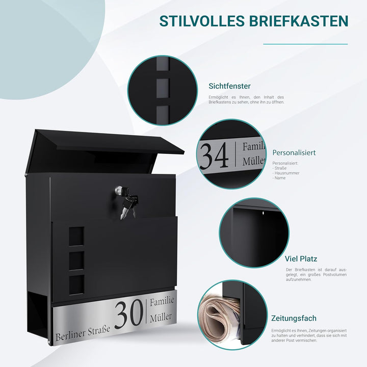 Bl4ckPrint Personalisierter Briefkasten mit Zeitungsfach Anthrazit Inkl. 4 Schlüssel - Postkasten pe