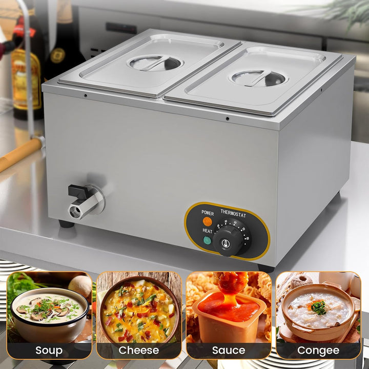 Elektrische Speisenwärmer Bain Marie Gastro GN-Behältern 1/3 * 2 Warmhalter Edelstahl mit Ablaufhahn