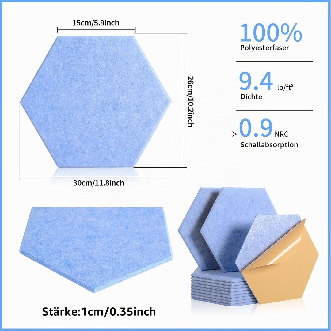 Rdutuok 12 Stück Selbstklebend Akustik Panel,30x26x1cm Hexagon Akustik Absorber Schallschutzplatten