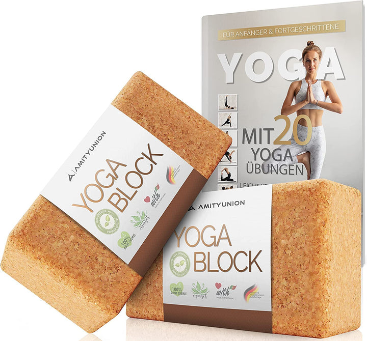 Yoga Block 2er SET Kork 100% Natur - Hatha Klotz auch für Anfänger Meditiation &amp; Pilates, Fitness Zu