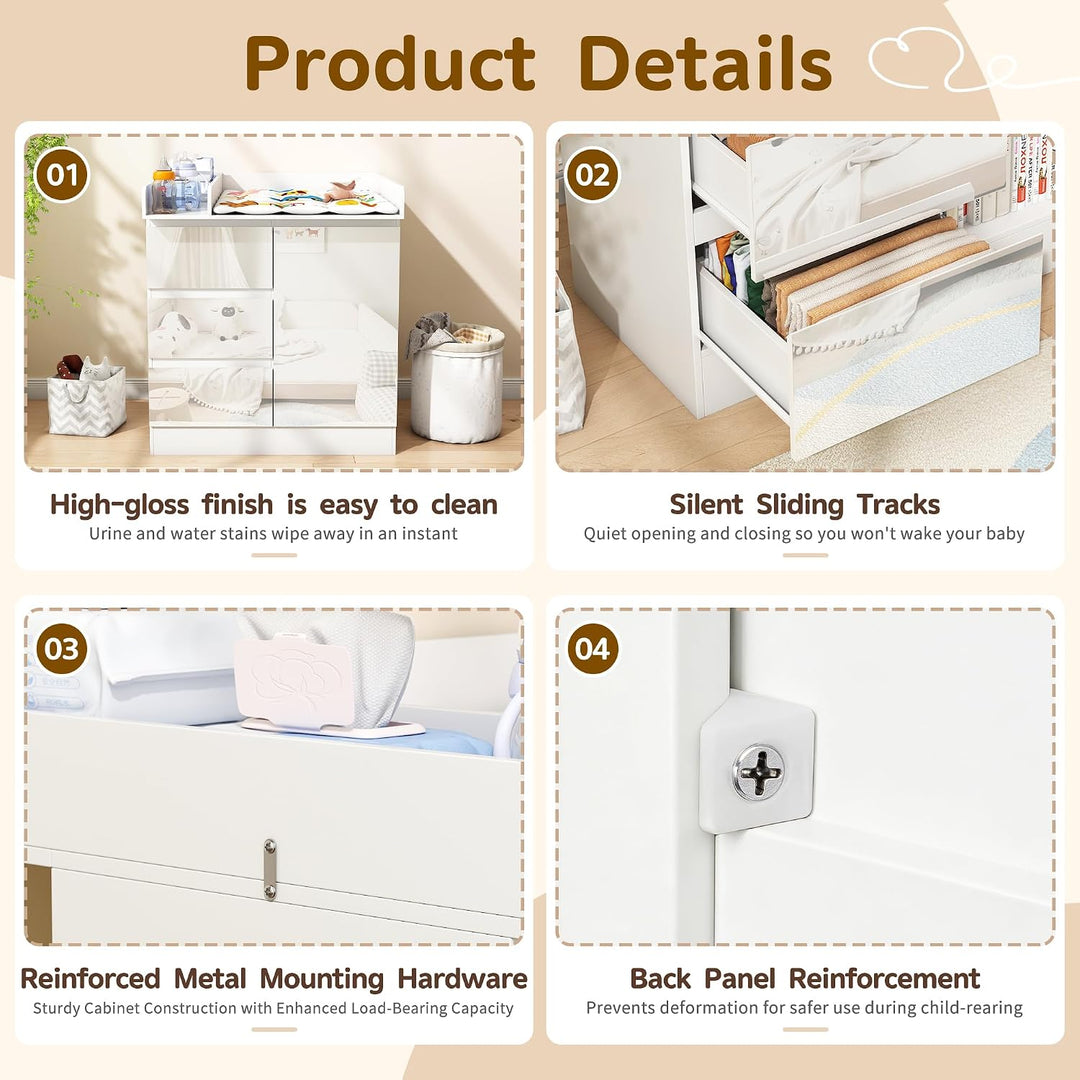 Wickelkommode mit Wickelaufsatz, Wickeltisch mit 3 Schubladen, Baby Kommode Abnehmbarem, Babyschrank