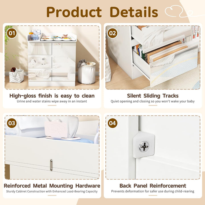 Wickelkommode mit Wickelaufsatz, Wickeltisch mit 3 Schubladen, Baby Kommode Abnehmbarem, Babyschrank