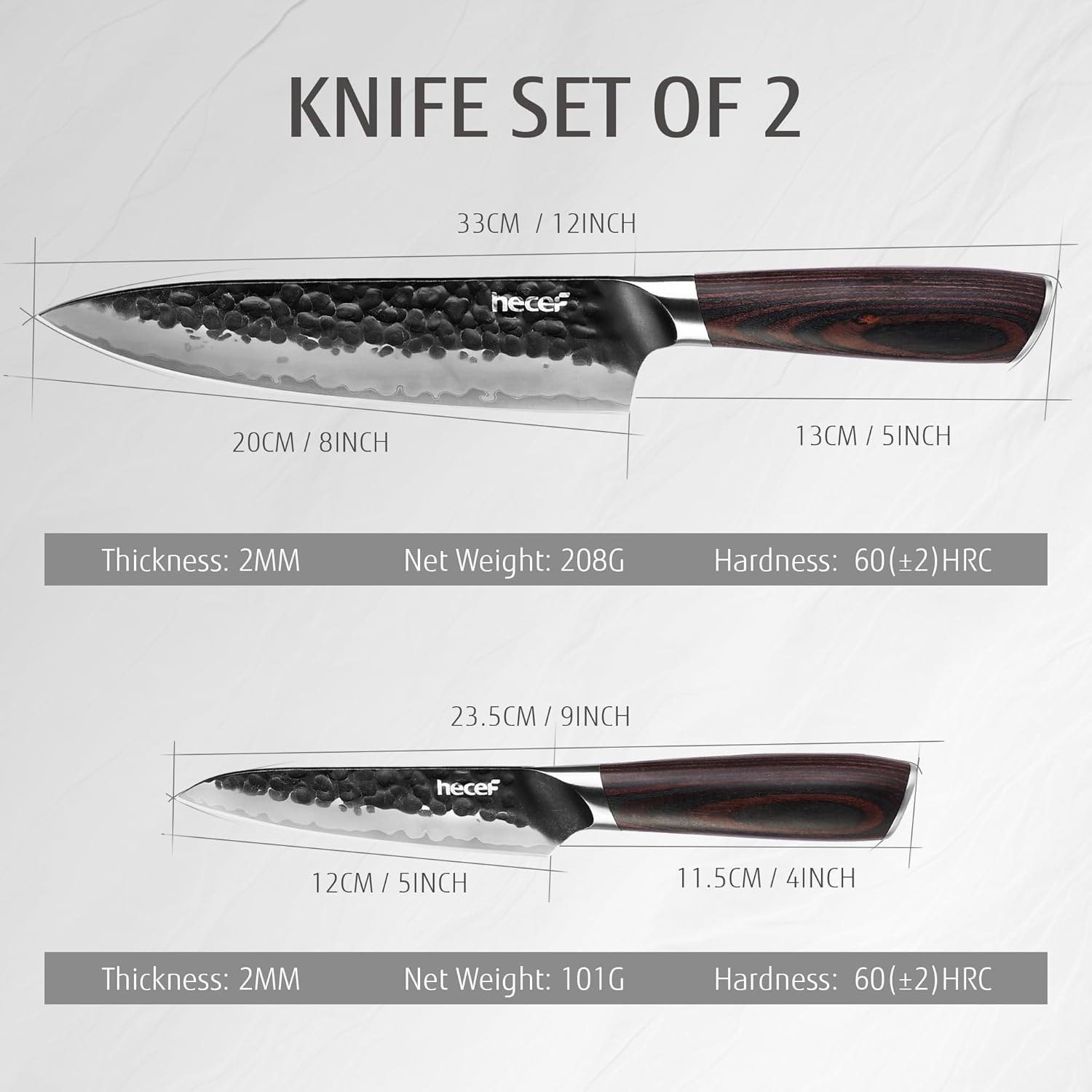 hecef Küchenmesser Set 2‑tlg., 20 cm Kochmesser & 12,7 cm Allzweckmesser, 3‑lagiger Hochkohlenstoff‑