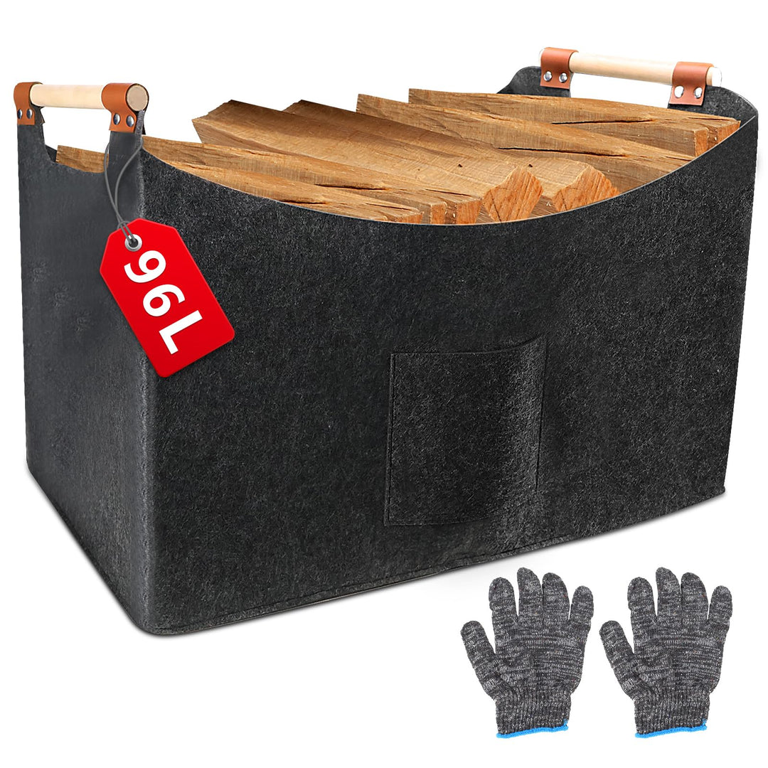 Kaminholzkorb Filz XXL(96L, 60x40x40cm), Holzkorb für Kaminholz Gross, Extra Dicker Filz, Faltbarer