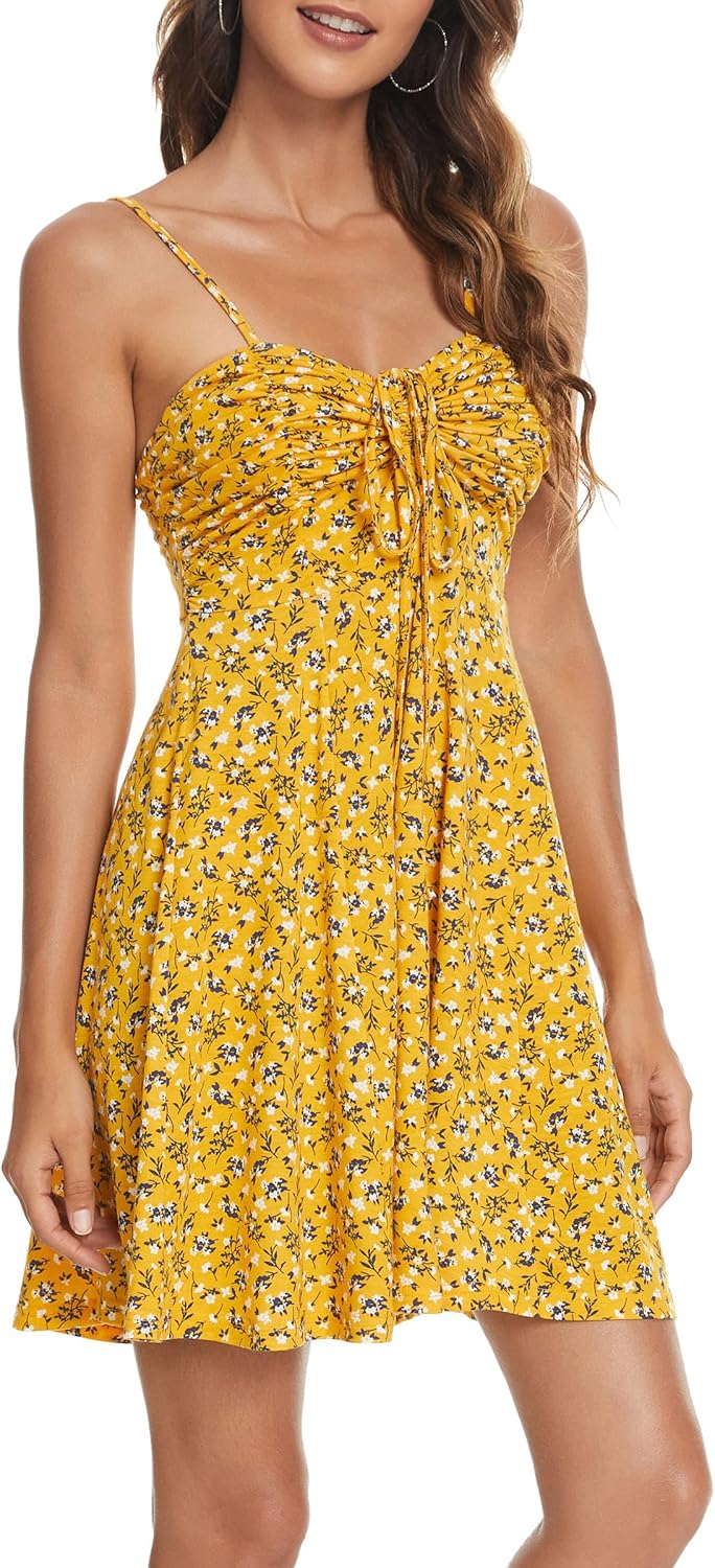 Missufe Damen Sommerkleid Swing Blumenkleid Freizeitkleid Spaghettiträger Cami Kleider L Gelb, L Gel